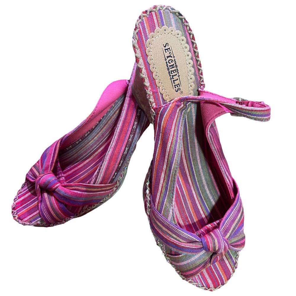 Seychelles Pink Stripped Canvas Bo Peep Toe Slingback Cork Wedges Women Size 7.5